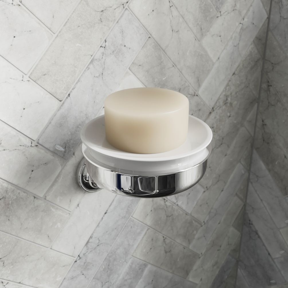 Close up lifestyle image of Burlington Guild Chrome Wall Mounted Soap Dish