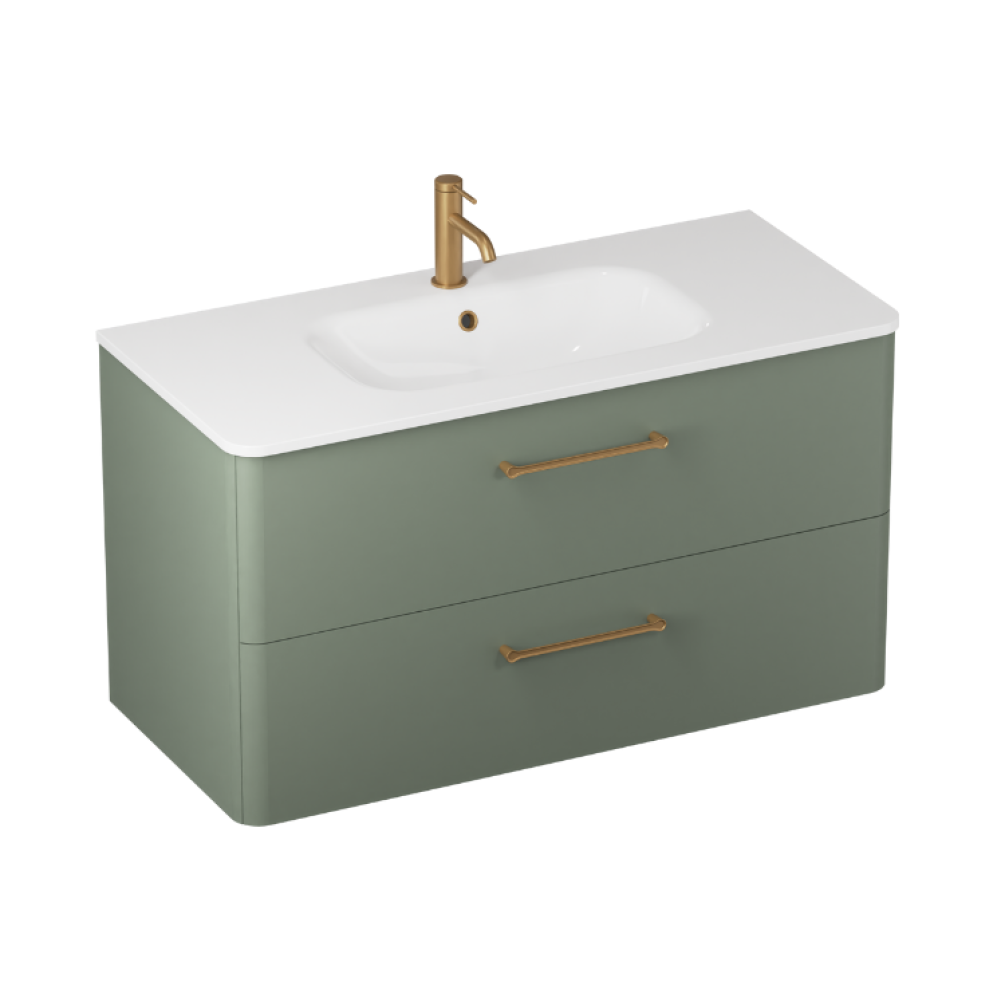 Product cut out photo of Britton Bathrooms Camberwell Earthy Green 1000mm Wall Hung Vanity Unit and Basin with Brass Handles C100DDG