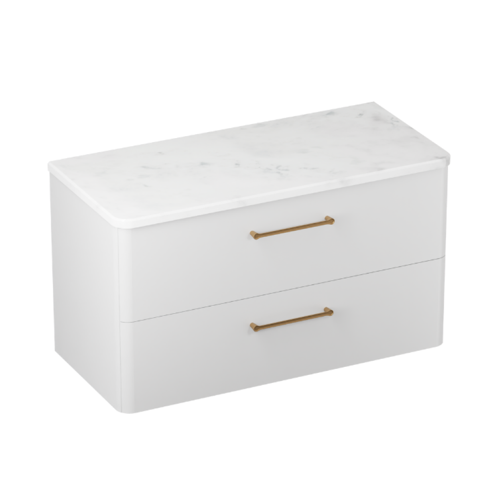 Product cut out photo of Britton Bathrooms Camberwell 1000mm Frosted White Wall Hung Vanity Unit with Brass Handles C100DDW