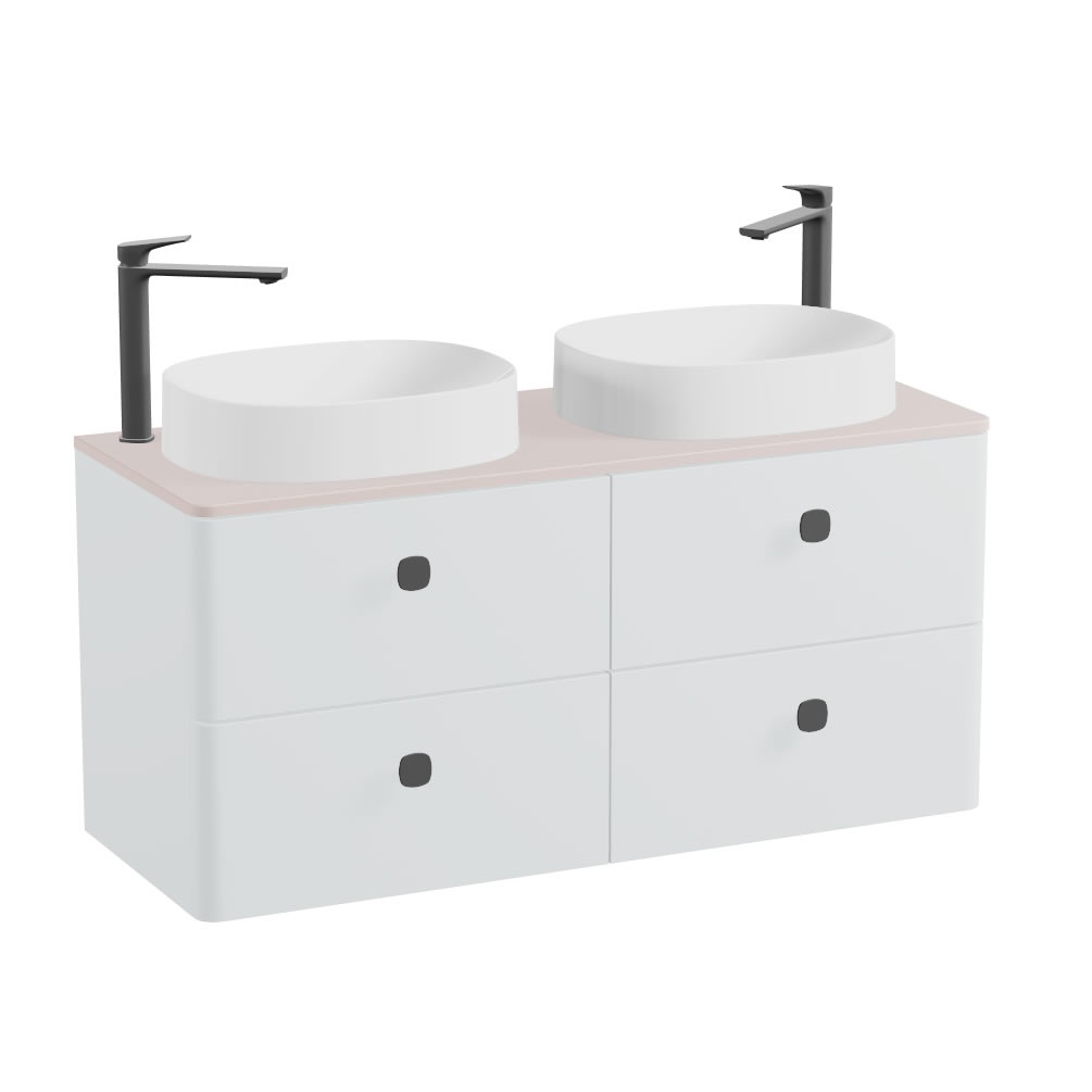 Vado Cameo 1200mm Arctic White Wall Hung 4 Drawer Vanity Unit, Pink Clay Worktop & Gloss White Basins