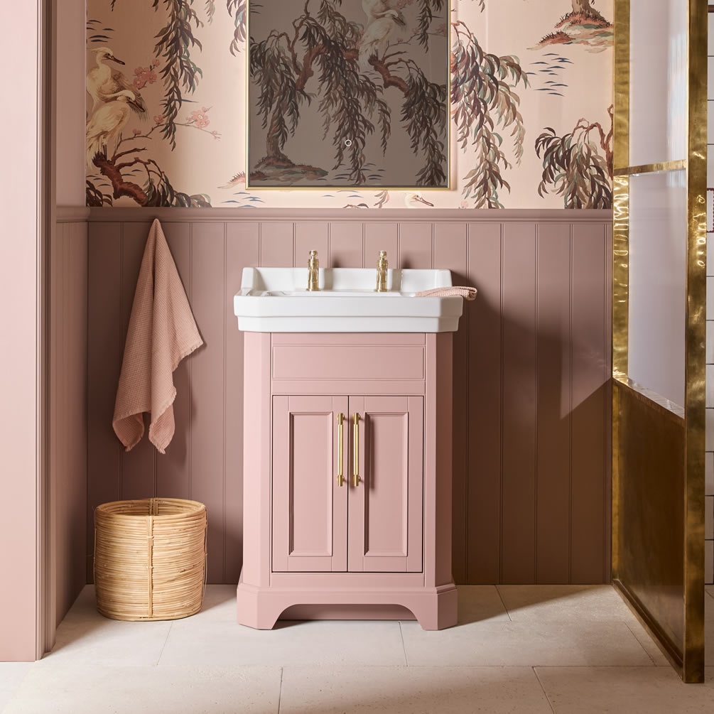 Tavistock Vitoria 600mm Matt Suede Pink Freestanding Unit & Basin - Lifestyle Image 1