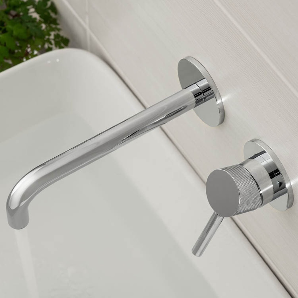 Lifestyle image of Vado Origins Knurled Accents Slimline Wall-Mounted Basin Mixer.