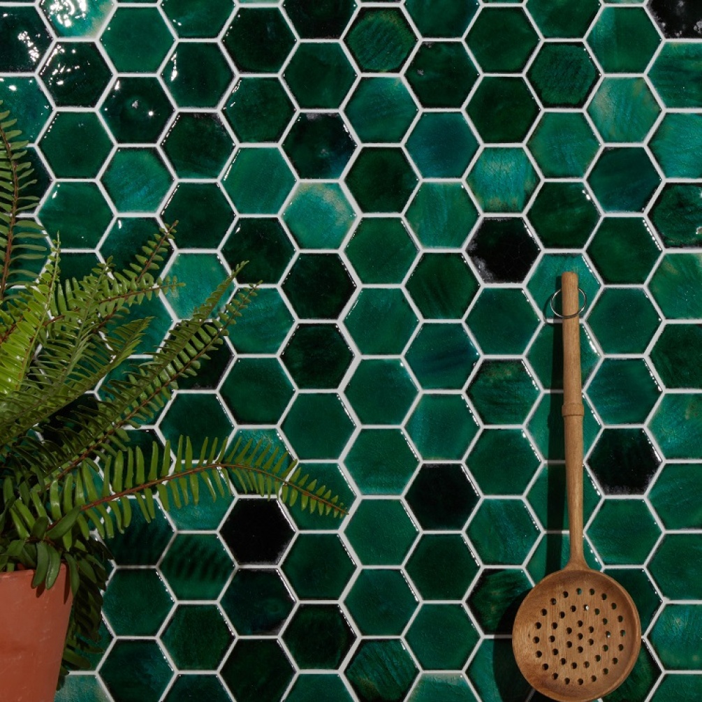 Product lifestyle image of Ca' Pietra Akazu Porcelain Emerald Green Mosaic Wall Tiles with plant and accessory CP0819