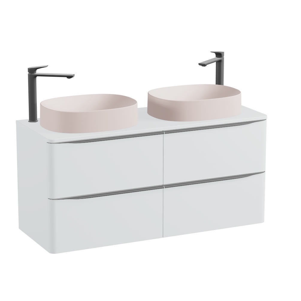 Vado Cameo 1200mm Arctic White Wall Hung 4 Drawer Vanity Unit, Worktop & Pink Oval Basins