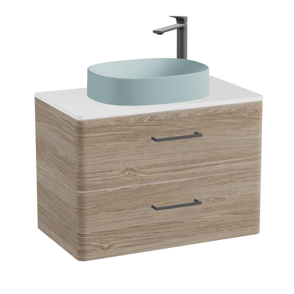 Vado Cameo 800mm Natural Oak Wall Hung 2 Drawer Vanity Unit, Gloss Worktop & Cove Basin