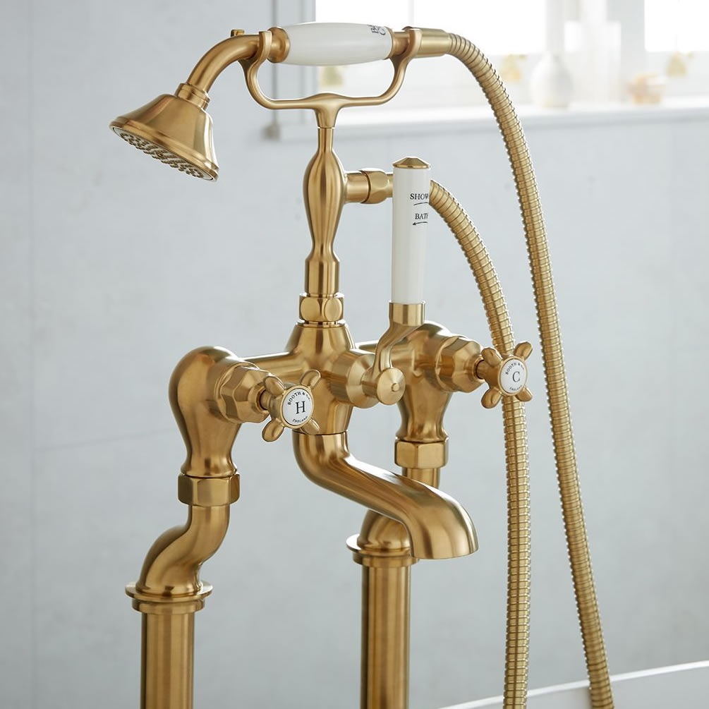 Booth & Co. Axbridge White Cross Brushed Brass Floorstanding Bath Shower Mixer - Lifestyle Image 1