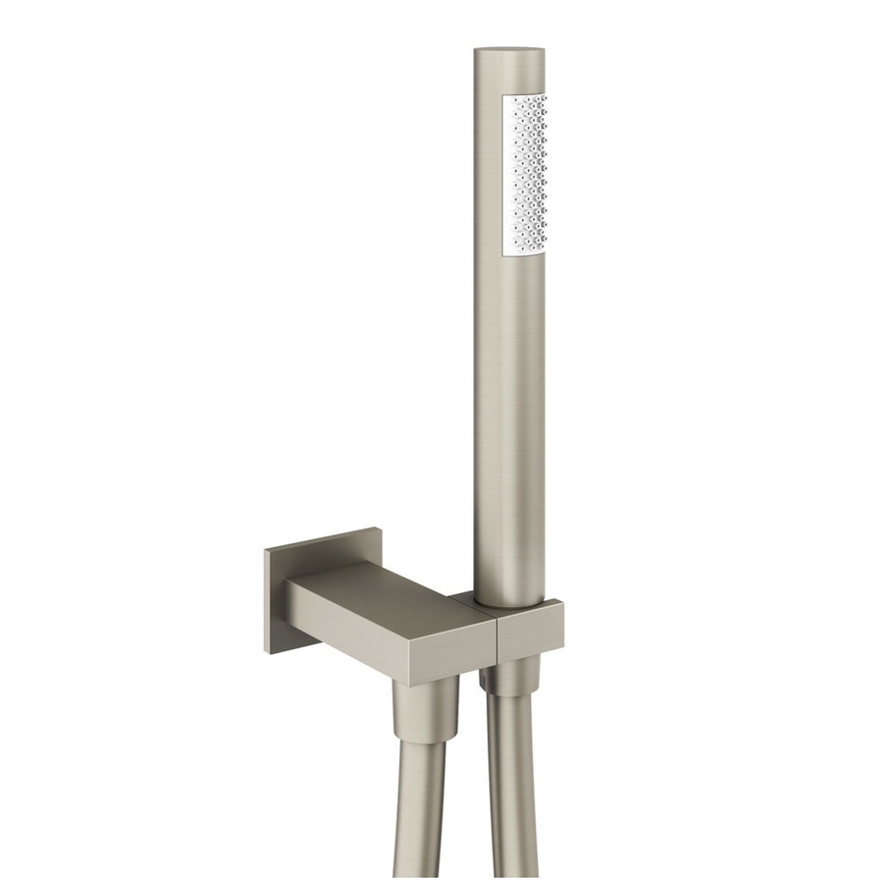 Product cut out image of the Abacus Emotion Brushed Nickel Handset with Hose, Square Wall Outlet & Holder
