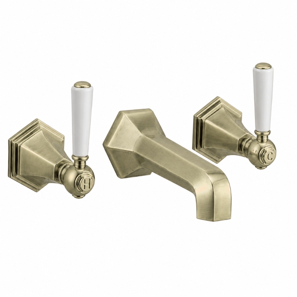 Cut out image of the Crosswater Waldorf Brushed Brass 3 Tap Hole White Lever Handle Wall Mounted Basin Mixer