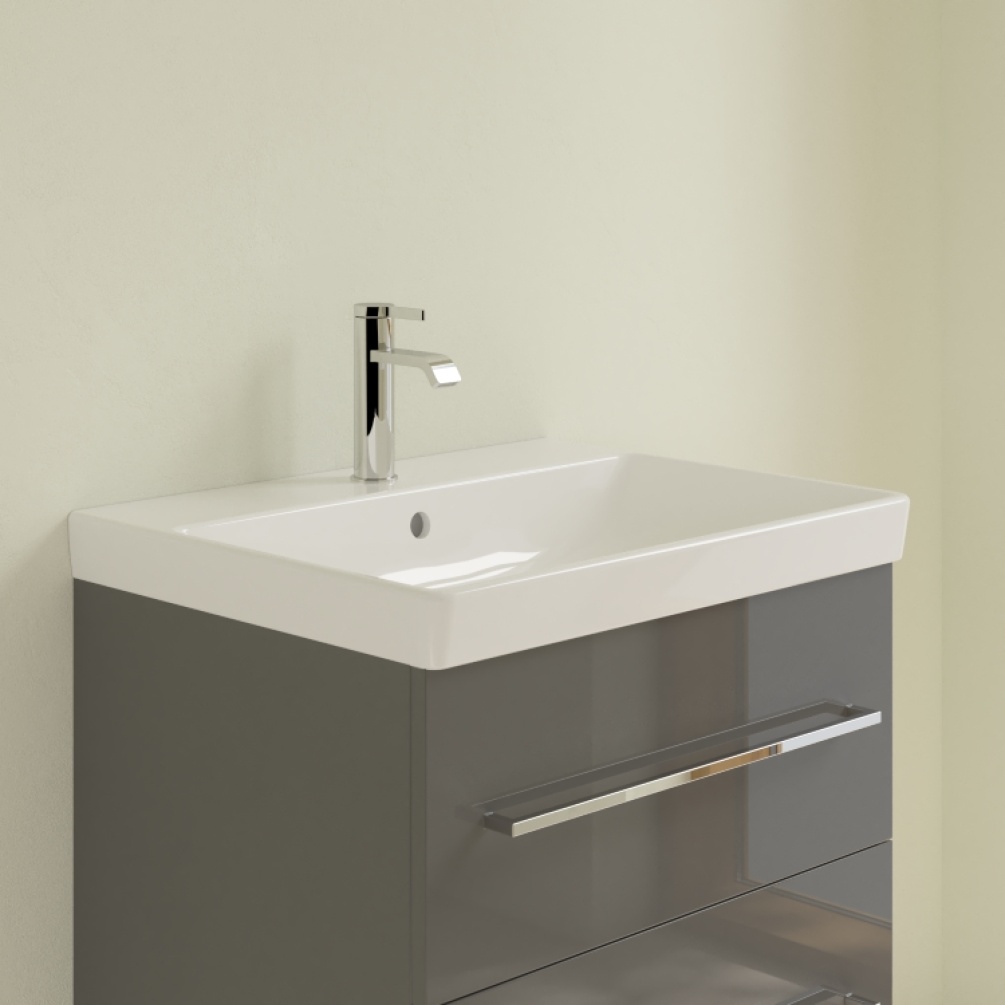 Lifestyle image photo of Villeroy and Boch 600mm Avento Wall Mounted Basin on grey furniture unit with chrome mono mixer tap