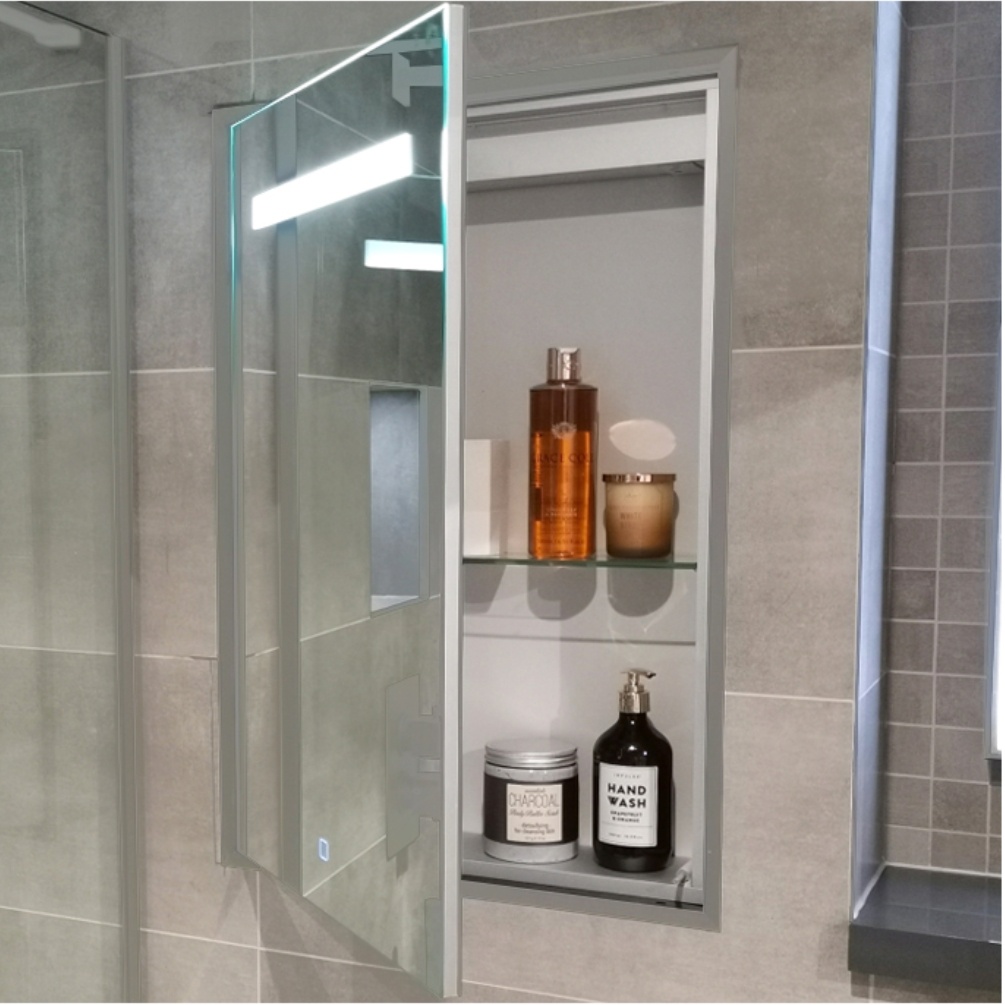 Close up product lifestyle image of the Abacus Aluminium Trio Silver Recessed LED Mirror Cabinet