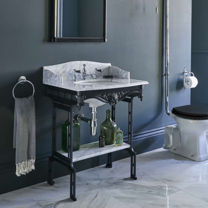 image of burlington georgian carrara marble worktop and basin with upstand on black aluminium washstand with shelf