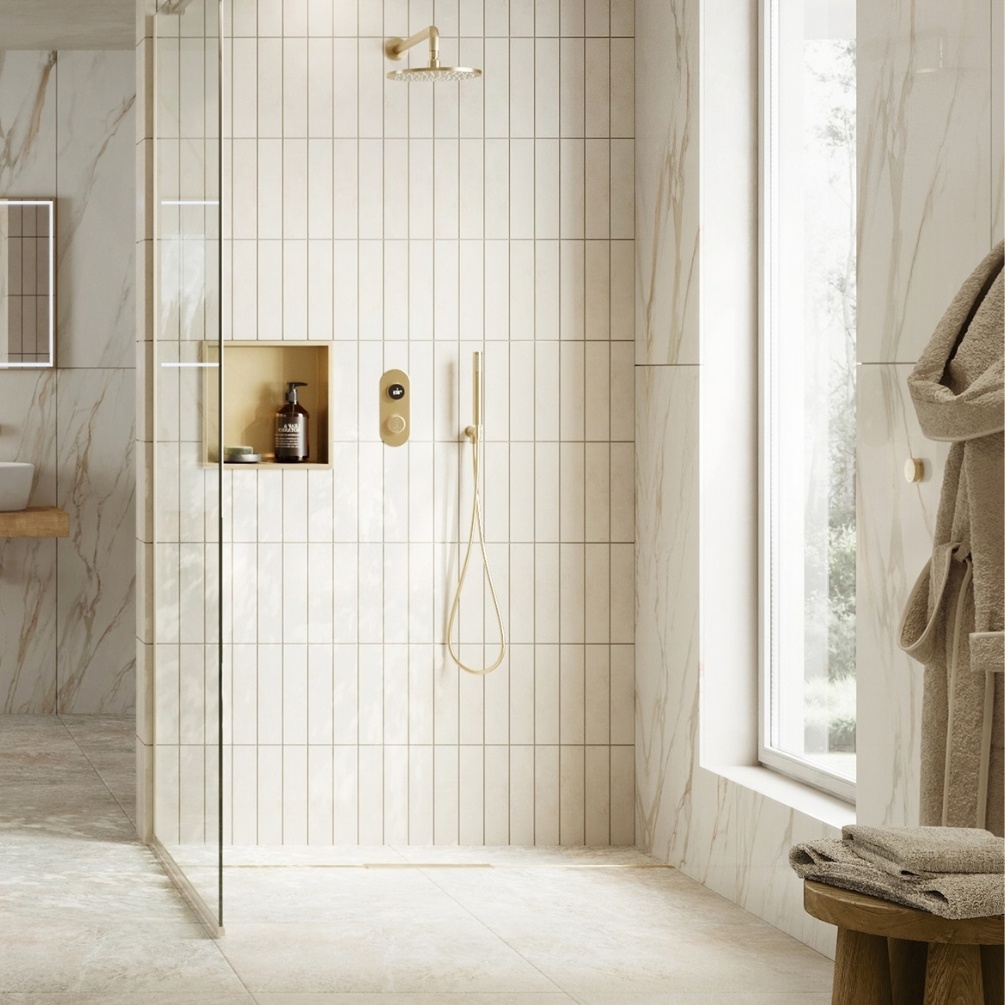 TED TOGO Brushed Brass Dual Outlet Digital Rainfall Shower Set Lifestyle 3