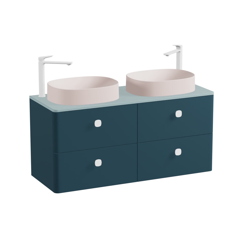 Vado Cameo 1200mm Atlantic Blue Wall Hung 4 Drawer Vanity Unit, Cove Blue Worktop & Pink Clay Oval Basins