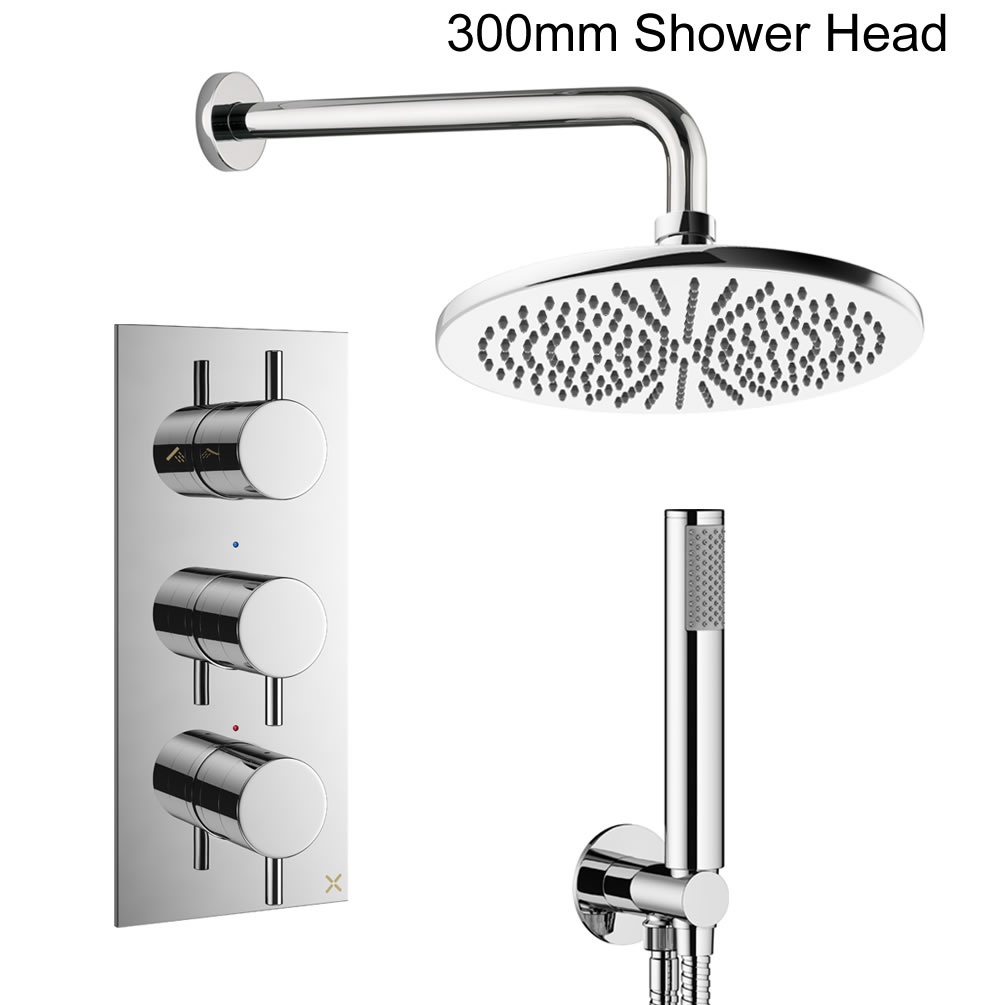 Cutout image of Crosswater Design Chrome Dual Outlet Three Handle Rainfall Shower Set 300mm head