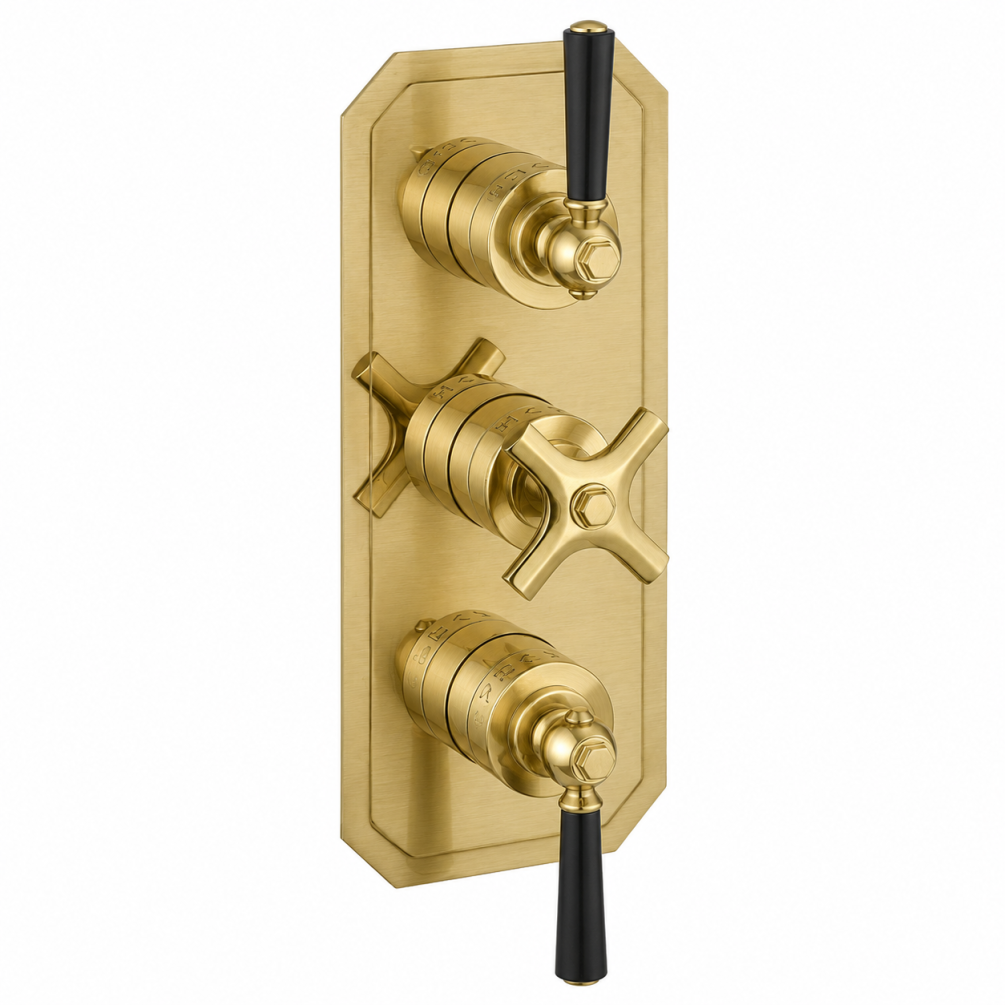Cut out image of the Crosswater Waldorf Brushed Brass 3 Outlet 3 Handle Black Lever Thermostatic Shower Valve