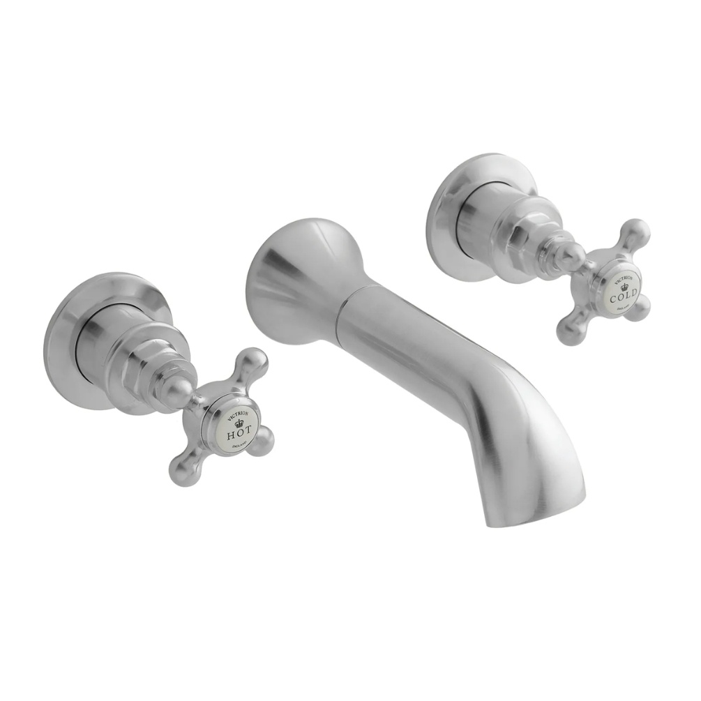 BC Designs Victrion Crosshead Brushed Chrome 3 Hole Wall Mounted Bath Filler Cut Out