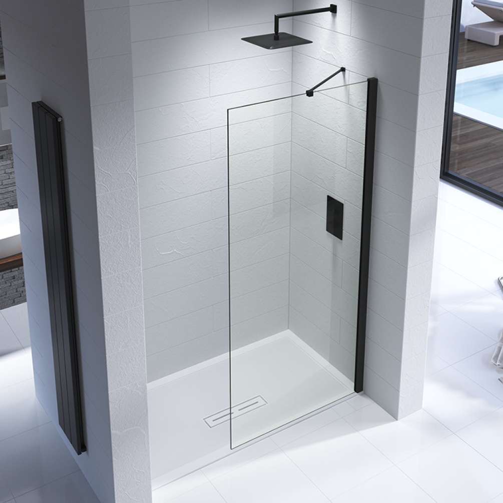 Photo of Kudos Ultimate 2 Wetroom Screen - Matt Black with Angled Wall Bracing Arm