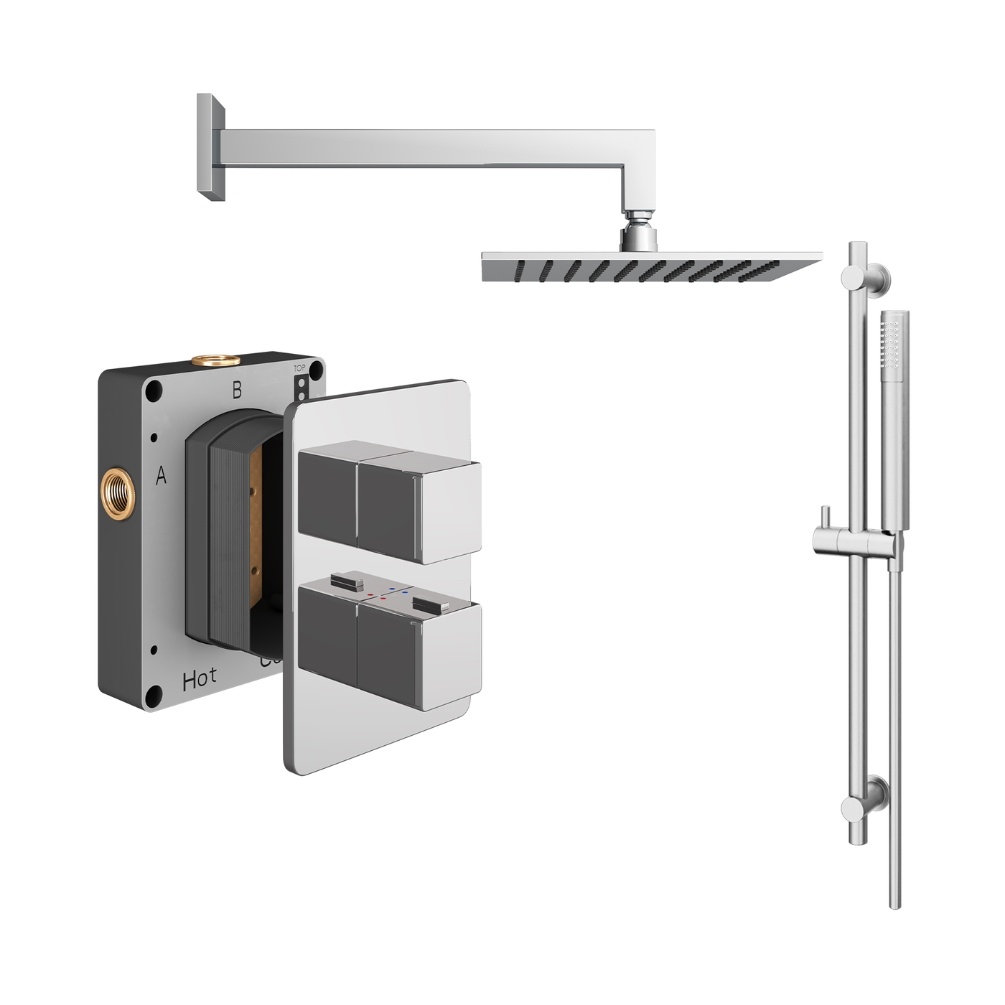 Product Cut out image of the Abacus Square Chrome 2 Outlet Shower Pack with Fixed Head & Slide Rail