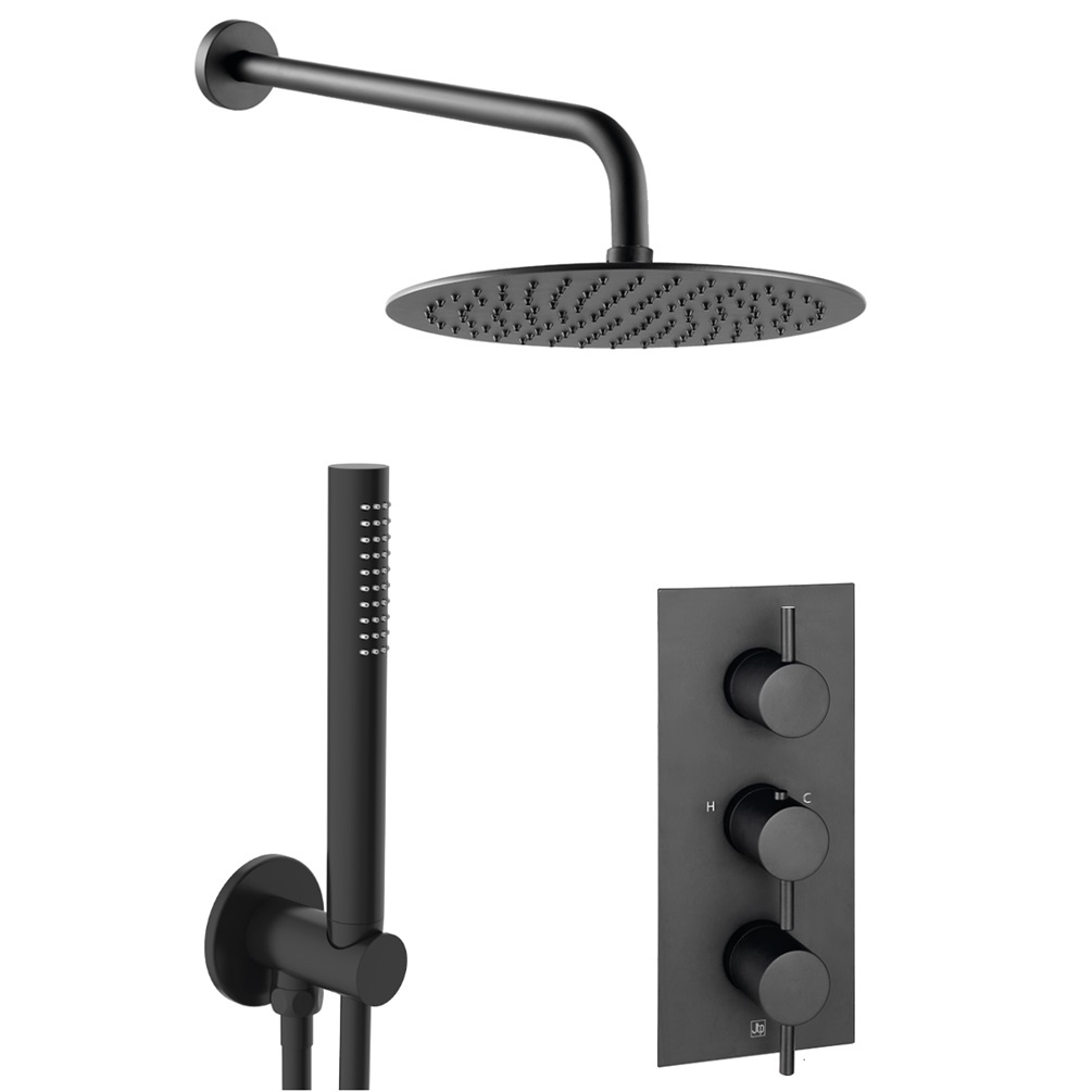 Product cut out image of JTP Vos Matt Black 2 Outlet 3 Handle Shower Valve with Rainfall Shower and Handset COM 075