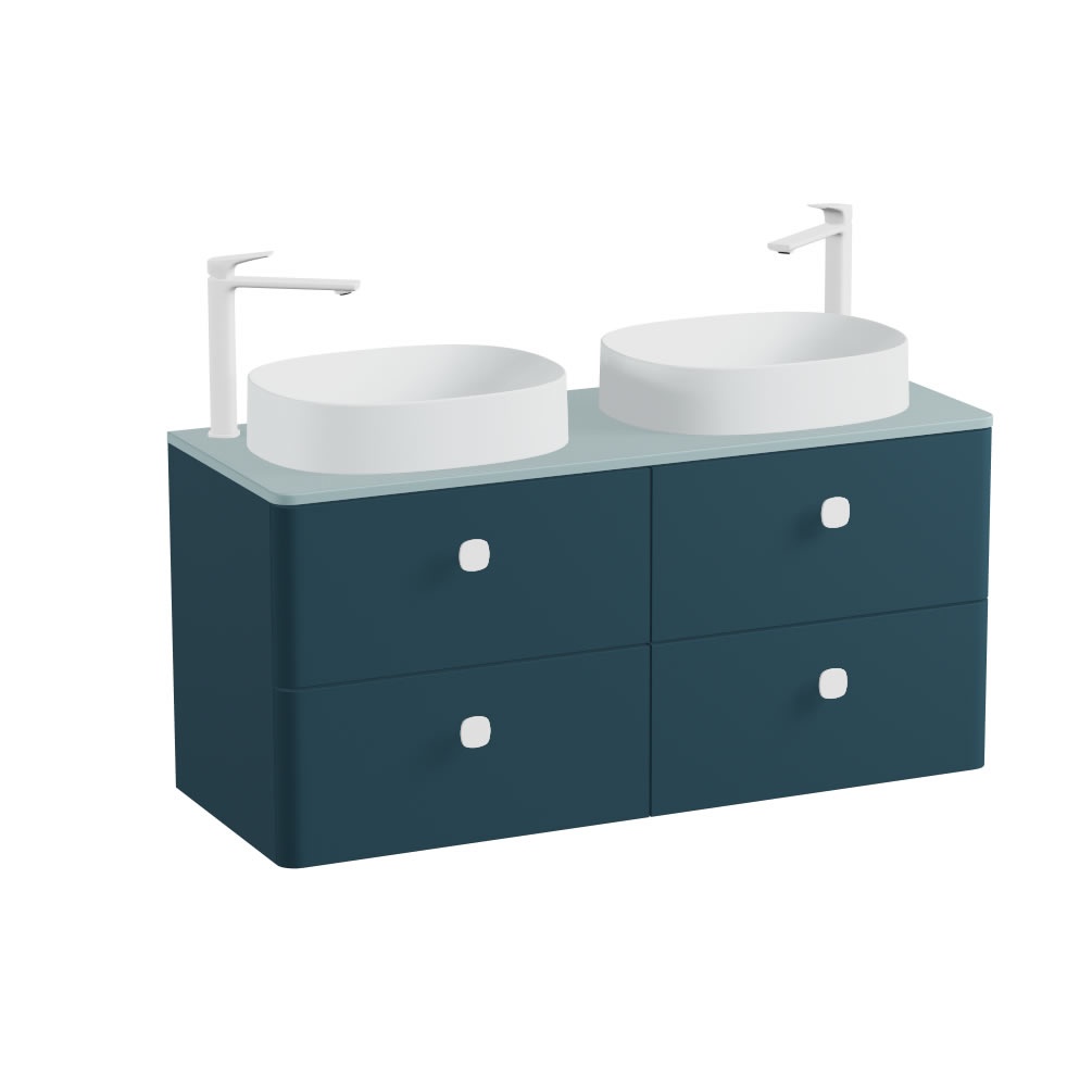 Vado Cameo 1200mm Atlantic Blue Wall Hung 4 Drawer Vanity Unit, Cove Blue Worktop & Arctic Oval Basins