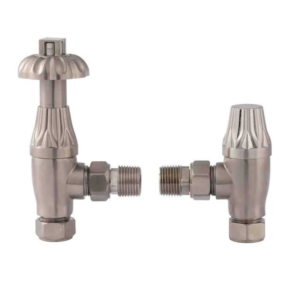 Photo of Bayswater Angled Thermostatic Satin Nickel Radiator Valves With Lock Shield