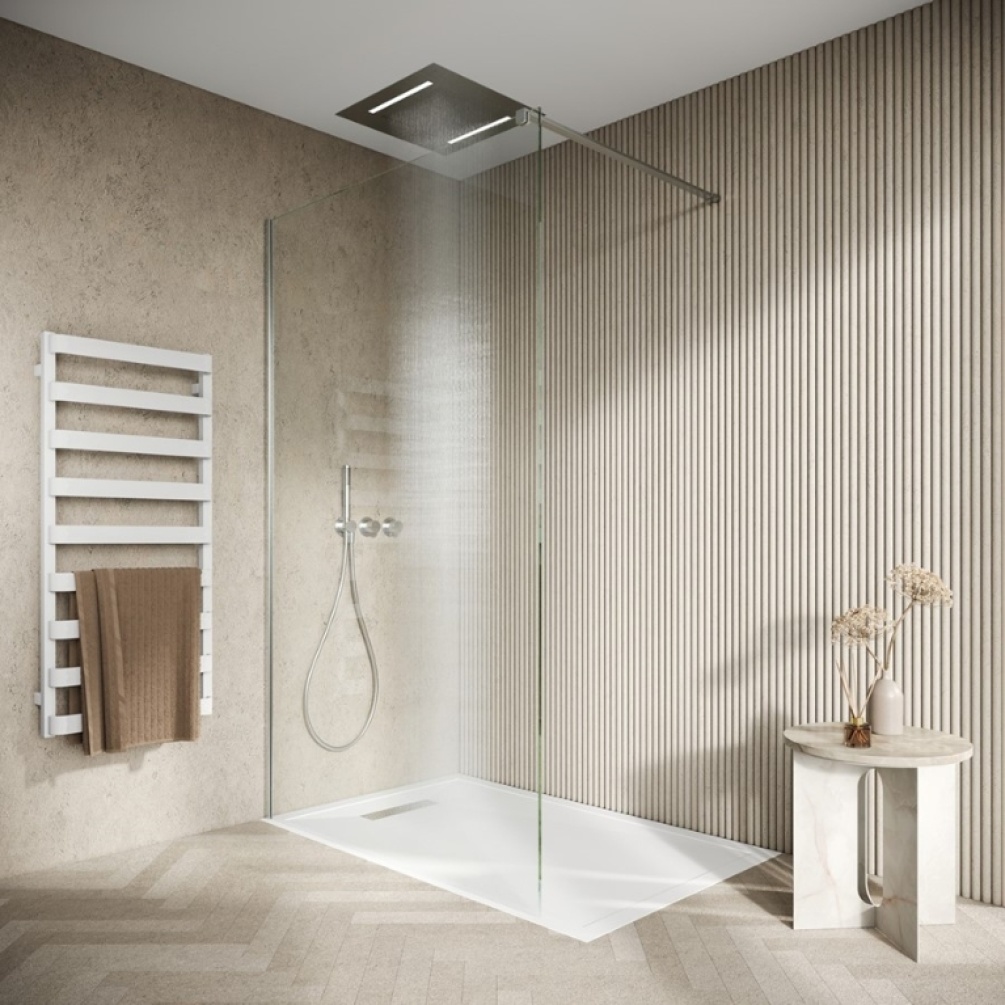 Product Lifestyle image of the Crosswater Tranquil 500 Chromotherapy Polished Stainless Steel Recessed Shower Head