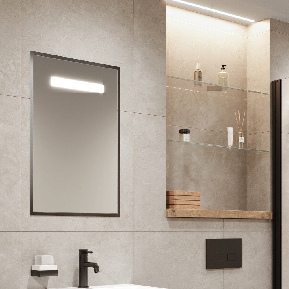 Product Lifestyle image of the Abacus Aluminium Trio Matt Black Recessed LED Mirror Cabinet