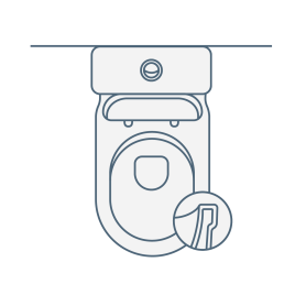 iconography image of an open back rimless toilet. These toilets have both an open back designed pan and a rimless inside. Image shows toilet with cross section of rimless design