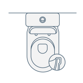 iconography image of an open back rimless toilet. These toilets have both an open back designed pan and a rimless inside. Image shows toilet with cross section of rimless design