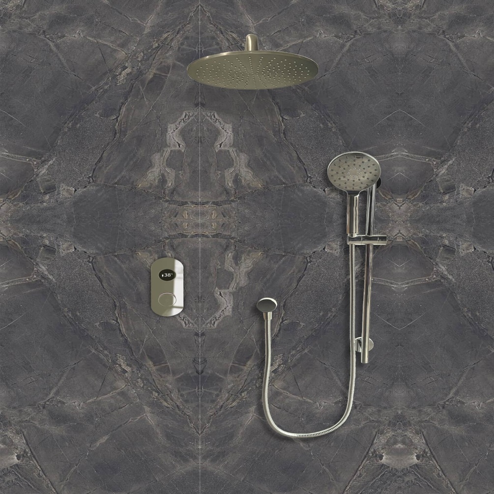TED TOGO Brushed Nickel Dual Outlet Digital Slide Rail Shower Set Lifestyle 1
