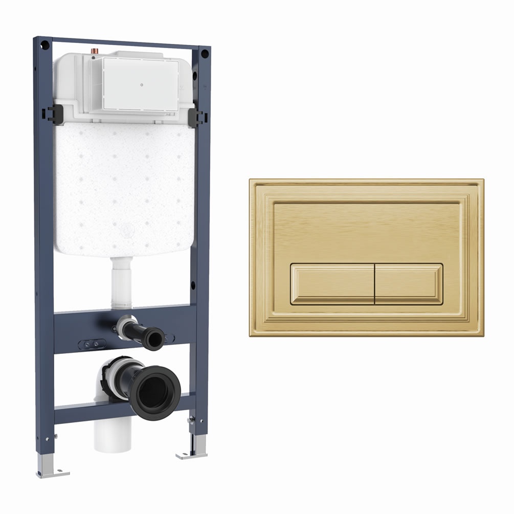 Cutout image of Crosswater 1120mm Slim Wall-Hung Cistern Frame & Belgravia Brushed Brass Dual Flush Plate