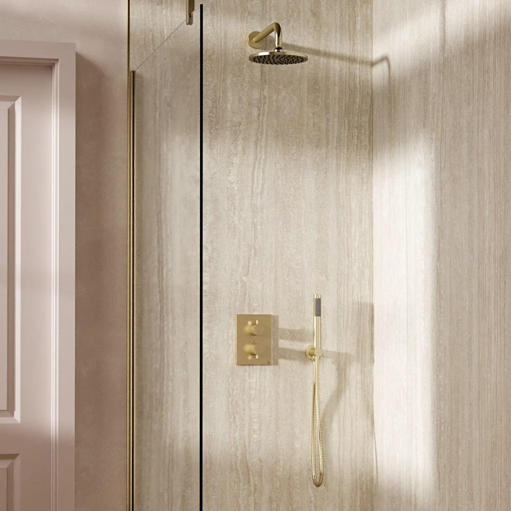 Lifestyle image of Crosswater Crossbox Brushed Brass Dual Outlet Rainfall Shower Set