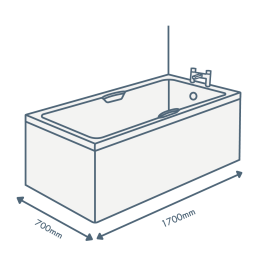 iconography image of a bathtub with 1700mm length text and 700mm width text illustrating this sized bath