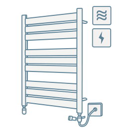 iconography image of a dual fuel towel radiator with icons of wavy lines for heated and thunderbolt for electric for dual fuel towel radiators category