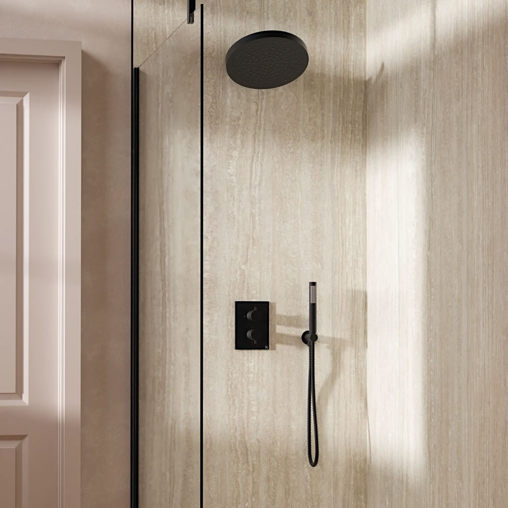 Lifestyle image of Crosswater Crossbox Matt Black Dual Outlet Fixed Shower Set