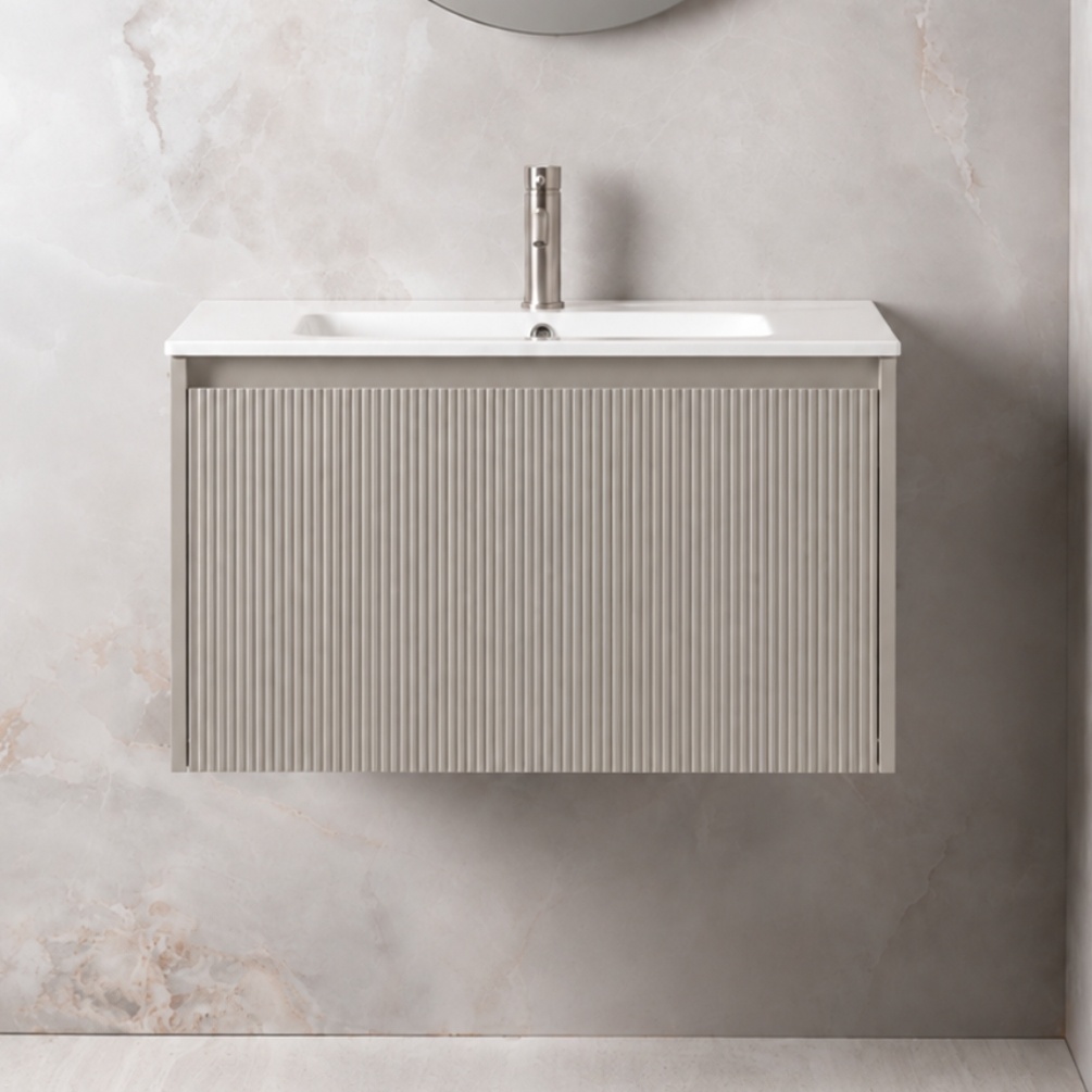 Montara 810mm x 465mm Soft Grey Wall Hung Fluted Vanity Unit & Basin Lifestyle Image