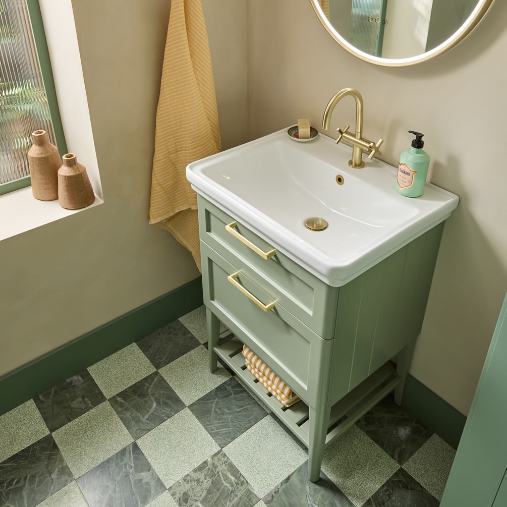 Tavistock Marston 600mm Matt Laurel Green Washstand & Basin - Lifestyle Image 1