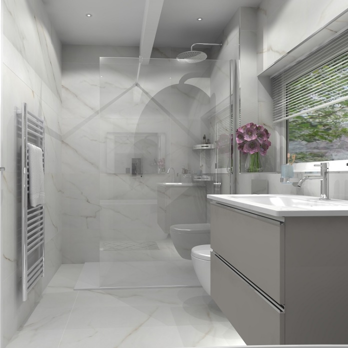 Photo from front angle of 3d bathroom designed bathroom with grey two drawer vanity unit and basin, walk in shower and wall hung toilet - Sanctuary Bathrooms