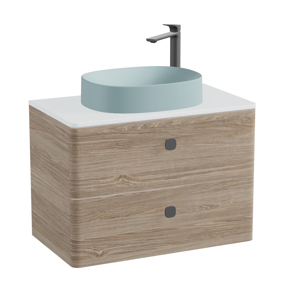 Vado Cameo 800mm Natural Oak Wall Hung 2 Drawer Vanity Unit, Arctic Worktop & Cove Oval Basin