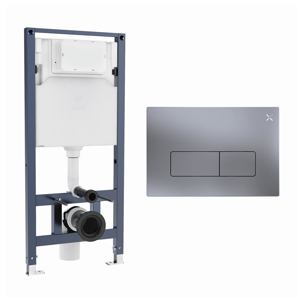 Cutout image of Crosswater 1120mm Wall-Hung Cistern Frame & MPRO Brushed Nickel Dual Flush Plate