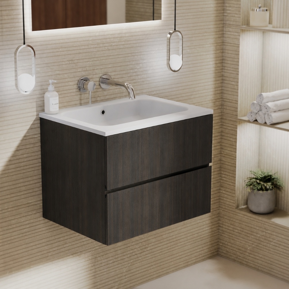 zero eucalypto 600mm 2 drawer wall hung vanity unit and matt white basin in bathroom setting