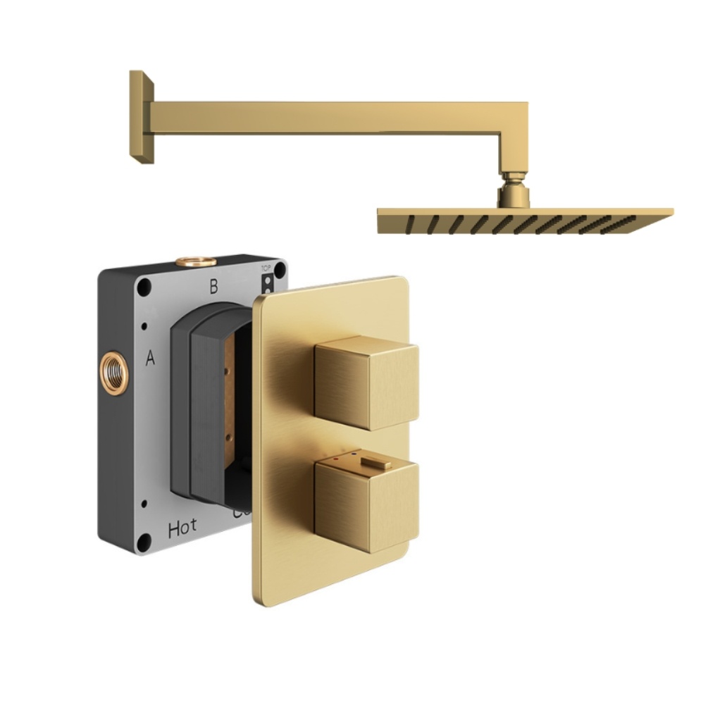 Product cut out image of the Abacus Square Brushed Brass 1 Outlet Shower Pack with Fixed Shower Head