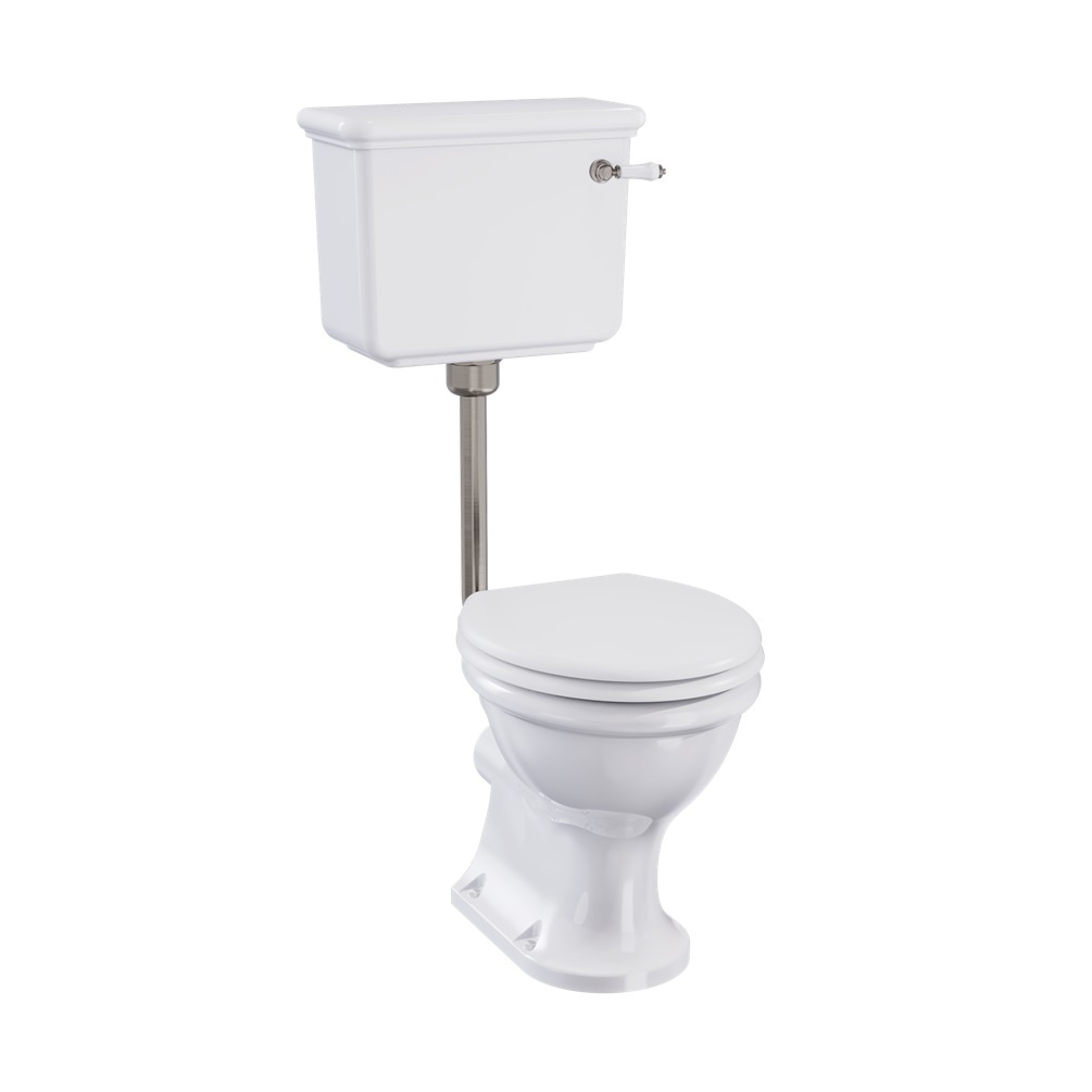 Product cut out image of Burlington Guild Low Level Toilet with Brushed Nickel Flush Pipe Kit GU6118CW GU7005CW T31 BNKL