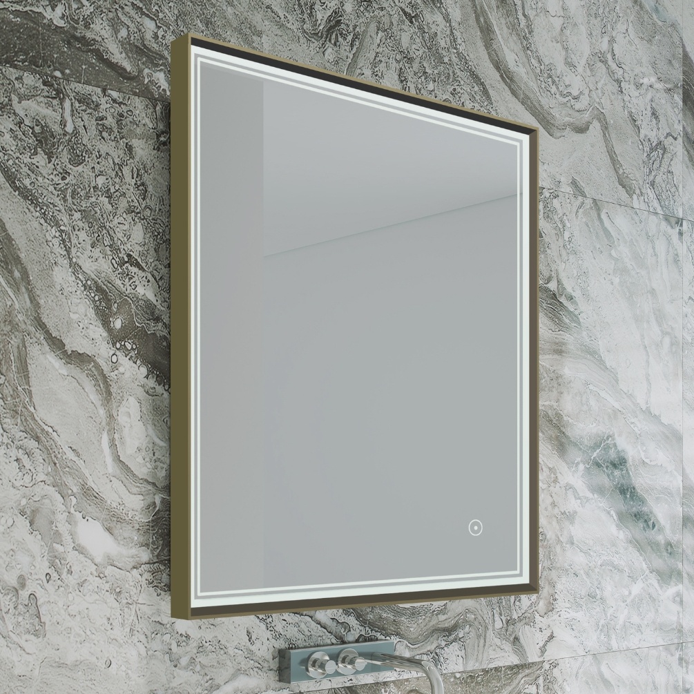 Lifestyle image of the Origins Living Astoria 750mm x 900mm Brushed Bronze Mirror hanging on a marbled wall B008394