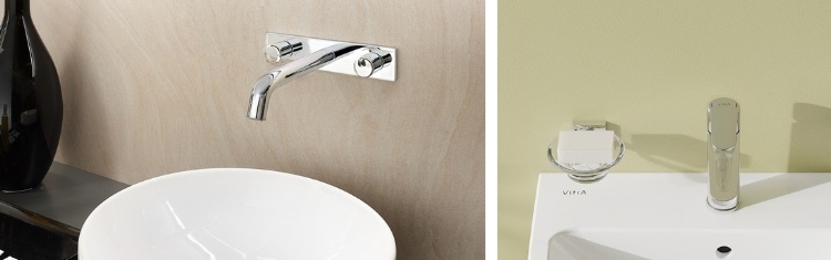 A montage showcasing a round countertop basin, pedestal basin, and a green wall-hung cloakroom basin