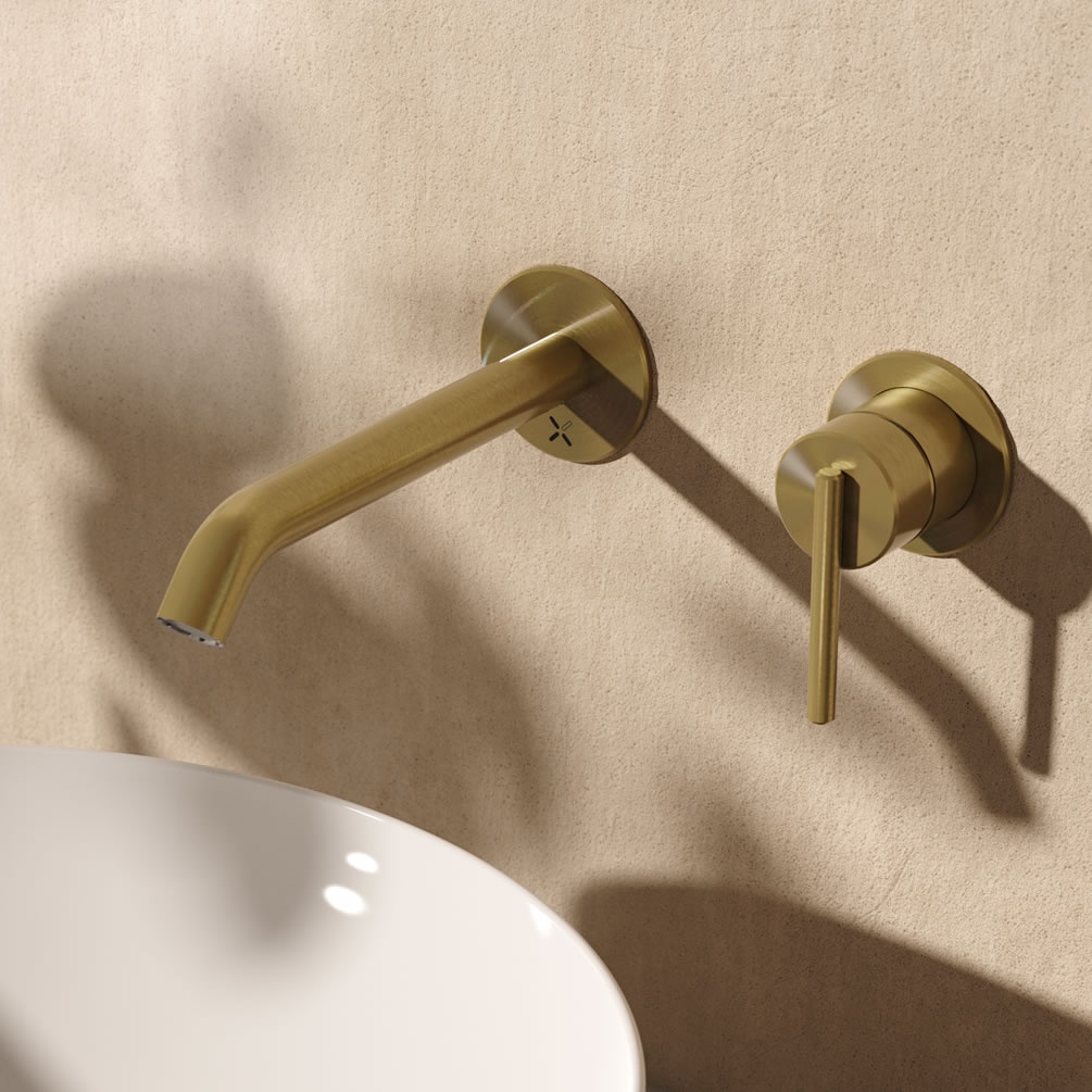 Lifestyle image of Crosswater 3ONE6 Lever Brushed Brass Wall Mounted Basin 2 Hole Set