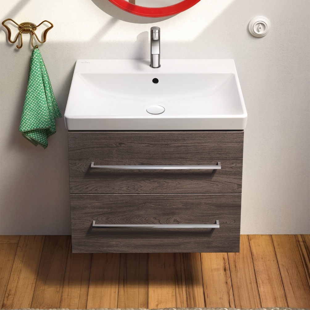 product lifestyle image villeroy & boch 650mm stone oak wall hung vanity unit and basin - front angle A89000RK