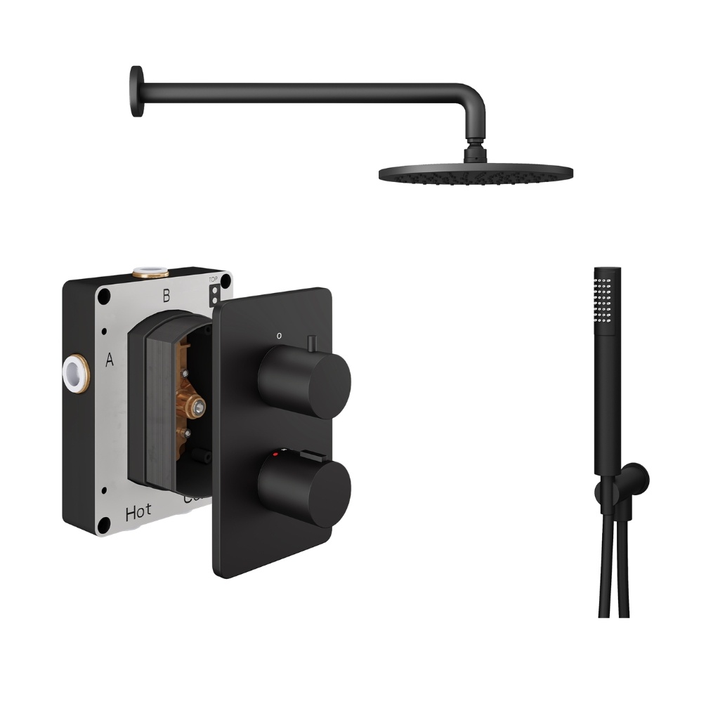 Product Cut out image of the Abacus Iso Matt Black 2 Outlet Shower Pack with Fixed Head & Handset