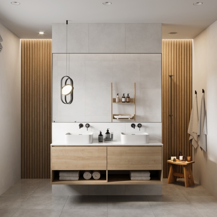 Lifestyle image of a brown bathroom design, featuring wooden slats either side of its double wooden washbasin unit