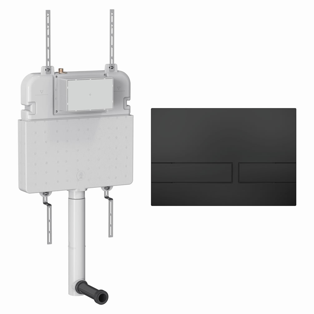 Cutout image of Crosswater 530mm Concealed Back-to-Wall Cistern & Venue Matt Black Dual Flush Plate